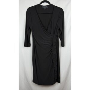 Black Label by Evan-Picone Black Ruched Faux Wrap Ruffle Sheath Dress Women's 10